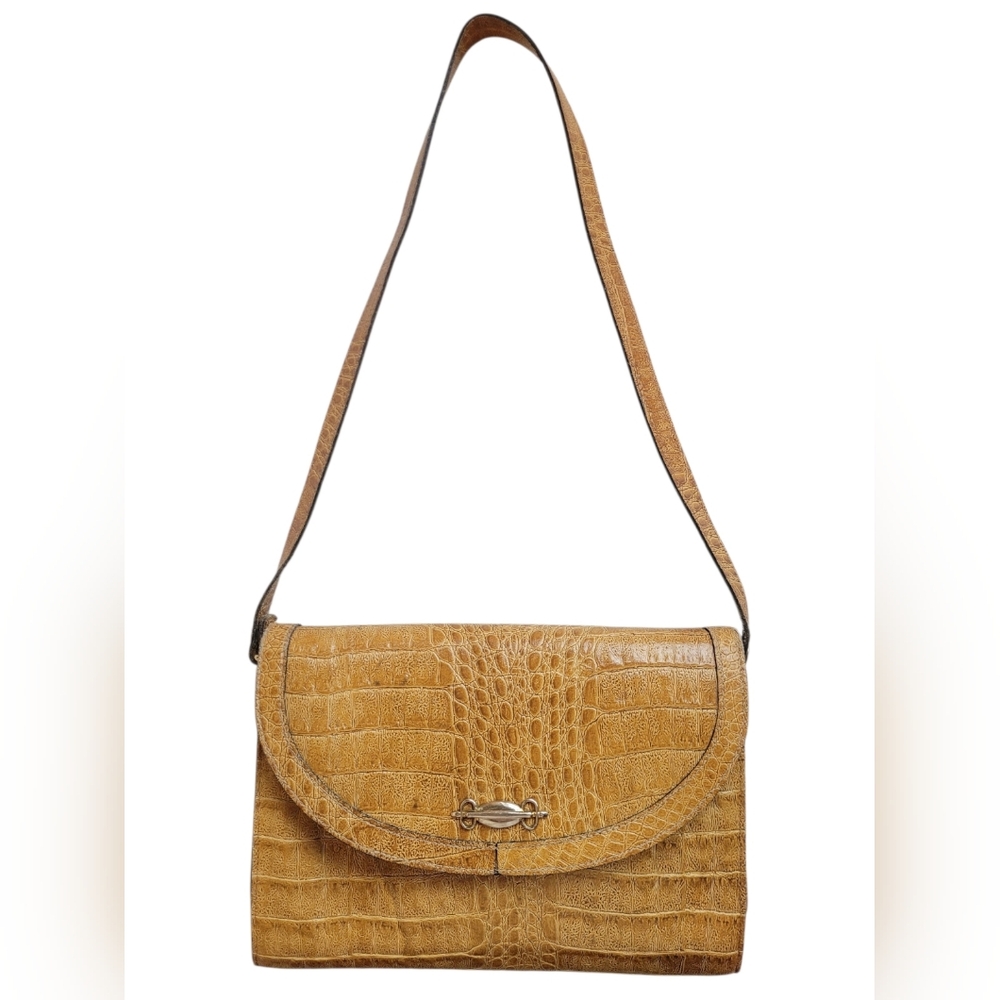 Vintage Croc Embossed Leather Shoulder Bag 70s Academia Old Money